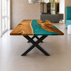Handmade Live Edge Wood Blue Epoxy Resin River Dining Table, Live Edge Wood Rustic Modern Furniture | Custom Live Edge Coffee Table