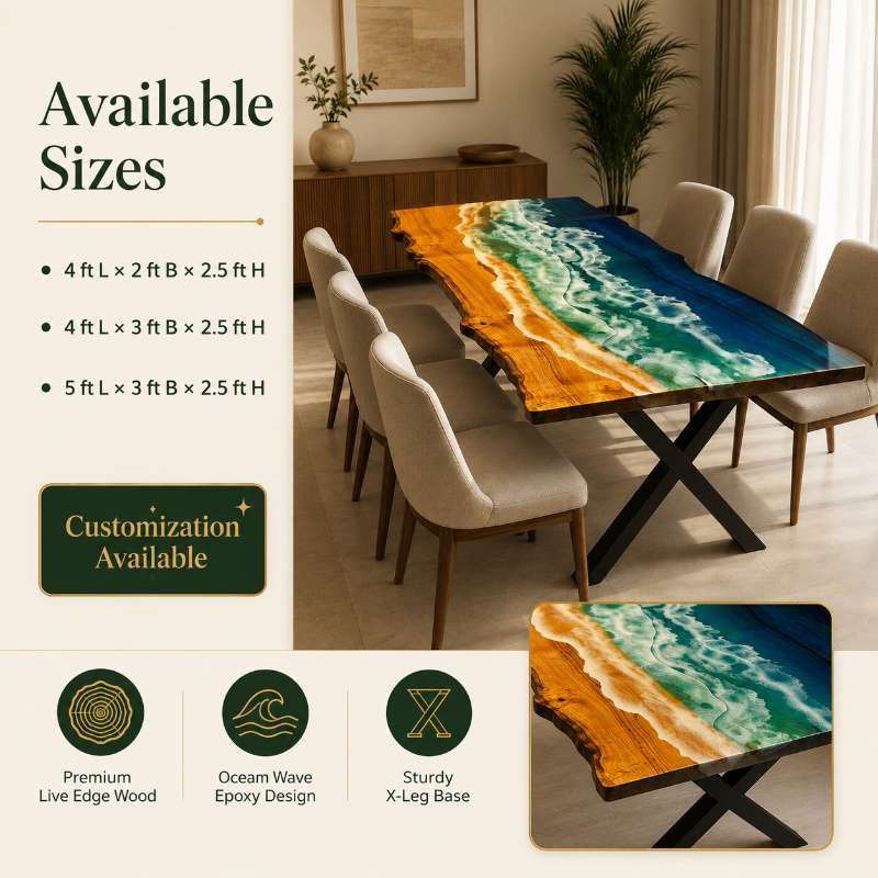 Live Edge Ocean Wave Epoxy Resin Dining Table, Custom Dining Table | Custom Wood Resin Furniture, Live Edge Wood & Blue Resin Art Table | Coastal Style Dining Table