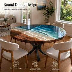 Custom Home Made Luxury Round Ocean Wave Epoxy Resin Dining Table with Black Metal Legs, River Kitchen Table | Natural Solid Wood, Blue Ocean Waves Epoxy Resin
