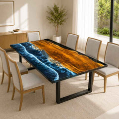 Handmade Blue Pebble Shore Ocean Wave Epoxy Resin Dining Table, Wooden Resin Coffee Table, Epoxy Beach Table, Layered Resin Wave Design with Realistic Water Movement Effect