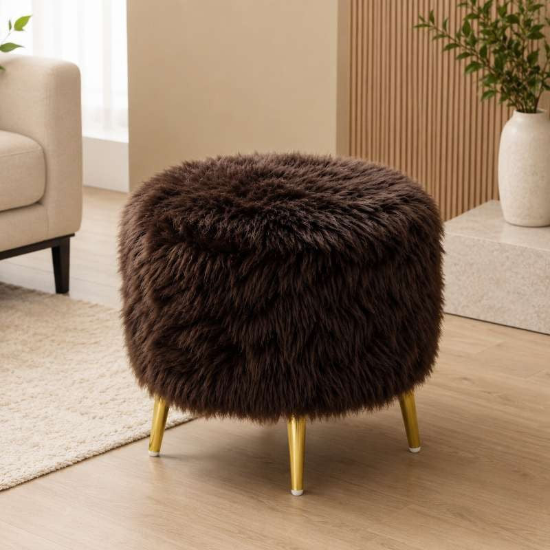 Cocoa Luxe Stool - Brown Faux Fur Ottoman with Gold Legs for Modern Home Decor