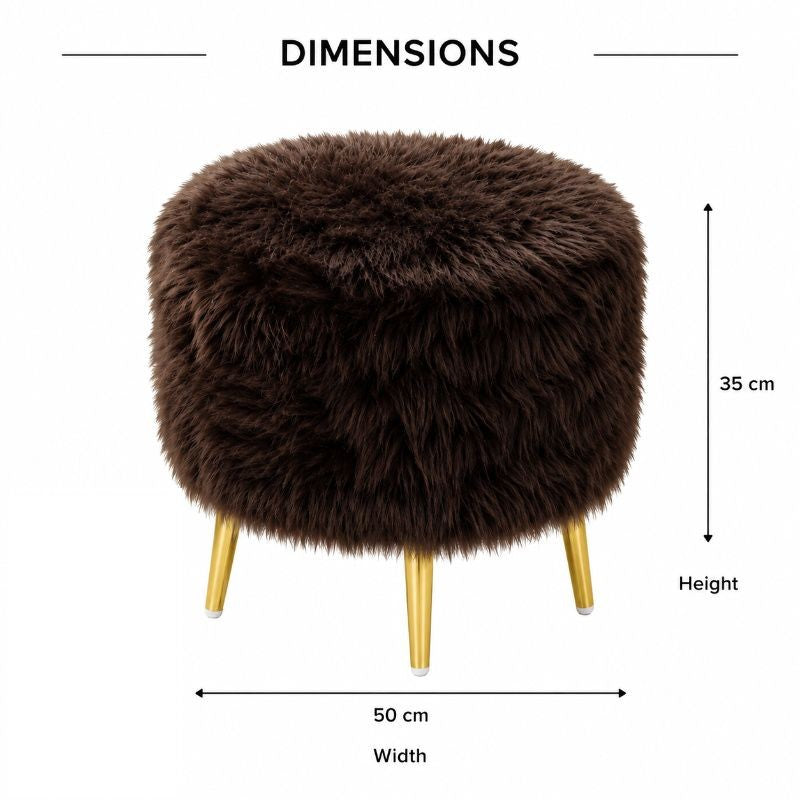 Cocoa Luxe Stool - Brown Faux Fur Ottoman with Gold Legs for Modern Home Decor
