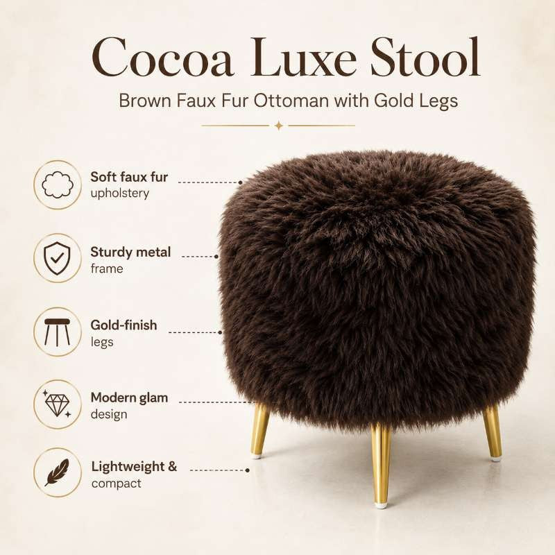 Cocoa Luxe Stool - Brown Faux Fur Ottoman with Gold Legs for Modern Home Decor