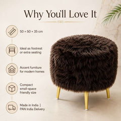 Cocoa Luxe Stool - Brown Faux Fur Ottoman with Gold Legs for Modern Home Decor