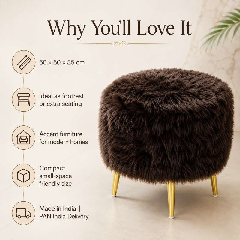 Cocoa Luxe Stool - Brown Faux Fur Ottoman with Gold Legs for Modern Home Decor
