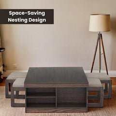 Nesting Expandable Sheesham Wood Coffee Table Set – 4-Stool Combo, Space-Saving Marvel for Modern Homes