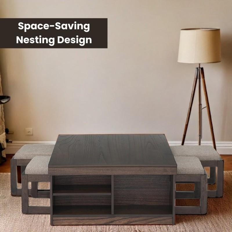 Nesting Expandable Sheesham Wood Coffee Table Set – 4-Stool Combo, Space-Saving Marvel for Modern Homes