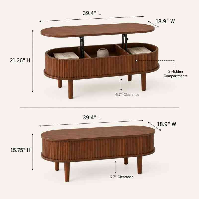 Space-Saving Oval Lift-Top Coffee Table with 3 Hidden Compartments – Acacia Wood