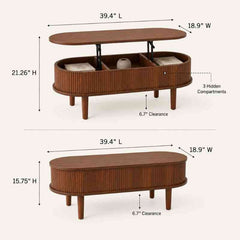 Space-Saving Oval Lift-Top Coffee Table with 3 Hidden Compartments – Acacia Wood