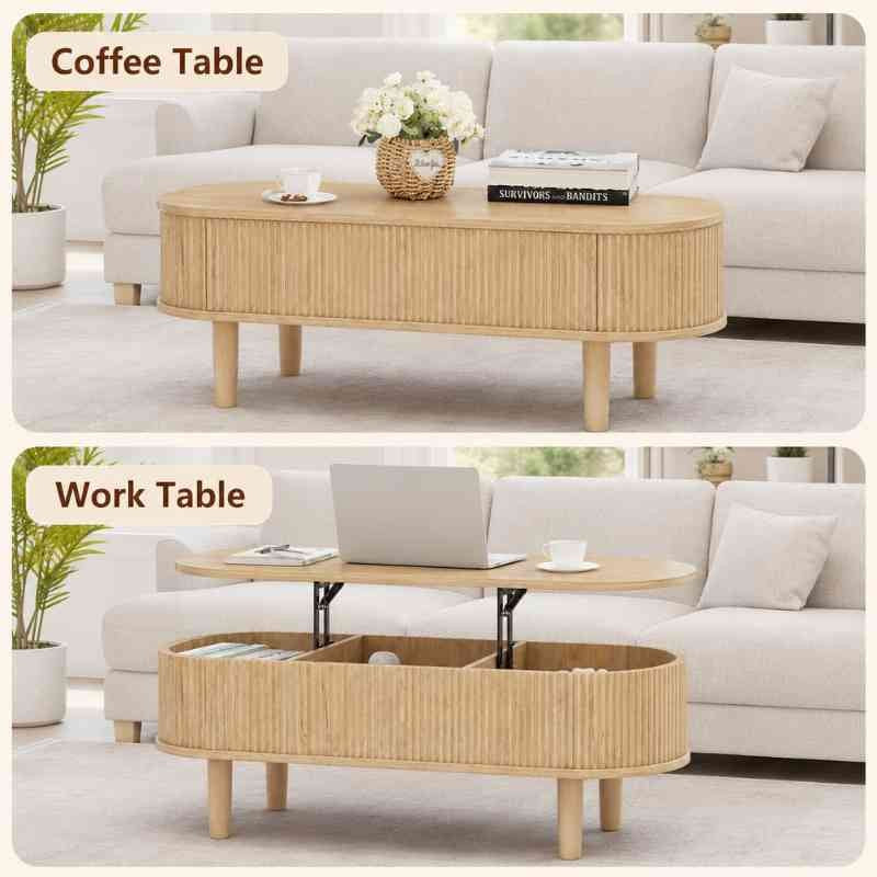 Space-Saving Oval Lift-Top Coffee Table with 3 Hidden Storage Compartments – Solid Mango Wood