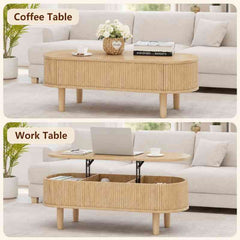 Space-Saving Oval Lift-Top Coffee Table with 3 Hidden Storage Compartments – Solid Mango Wood