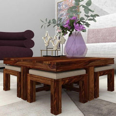 HeritageAura Sheesham Wood Coffee Table Set with Stools – Space-Saving Design for Living Room by Woodensure