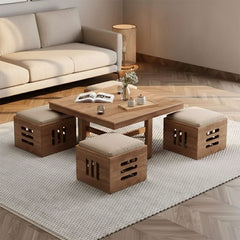 Solid Sheesham Wood Coffee Table Set – Modern Square Design – Honey Finish – Living Room Center Table with Cushioned Stools & Storage