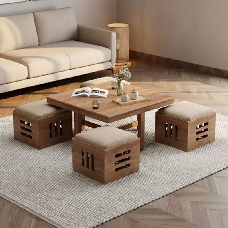 Solid Sheesham Wood Coffee Table Set – Modern Square Design – Honey Finish – Living Room Center Table with Cushioned Stools & Storage