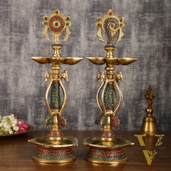 Colourful Brass Shankh Chakra Lamps - | 15 inch