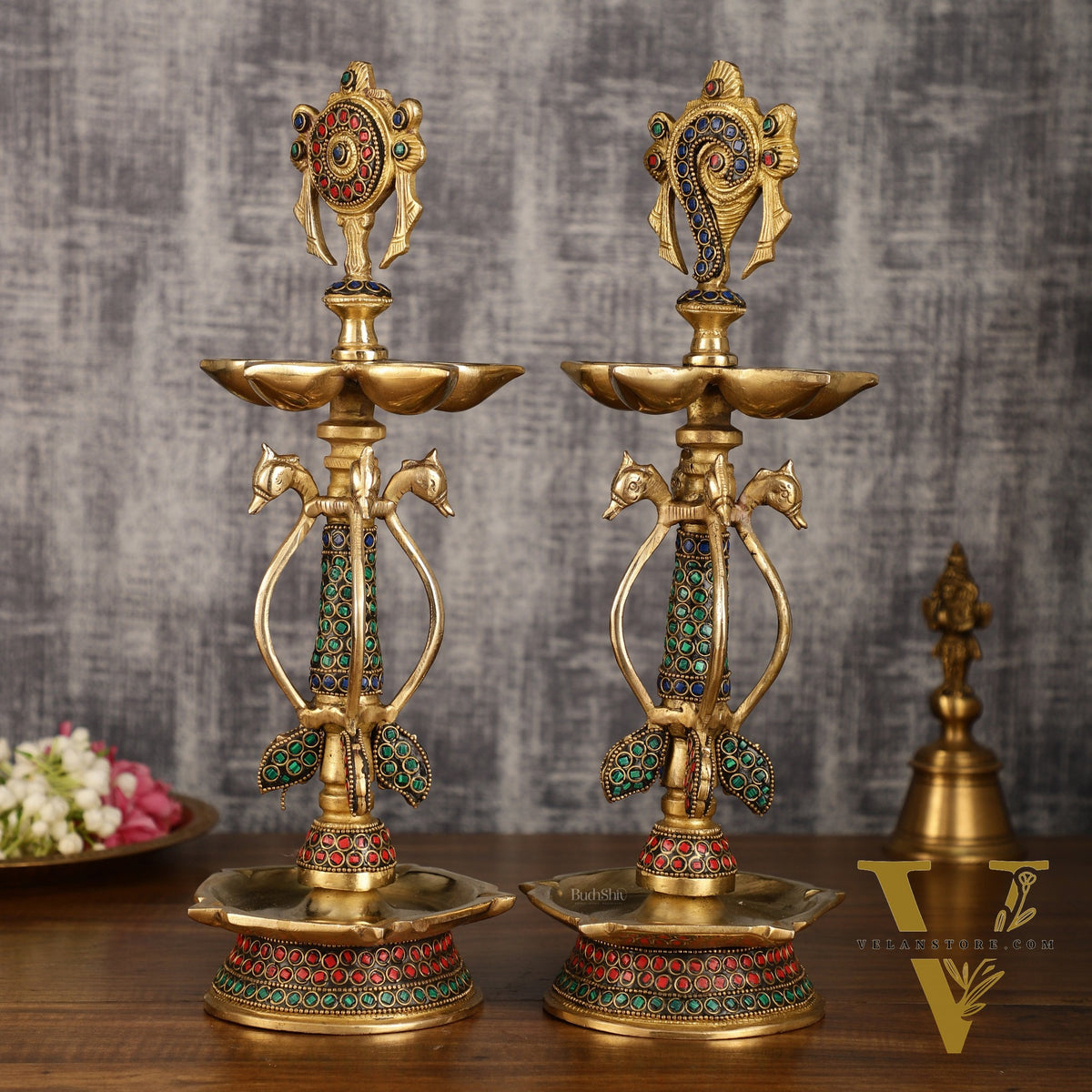 Colourful Brass Shankh Chakra Lamps - | 15 inch