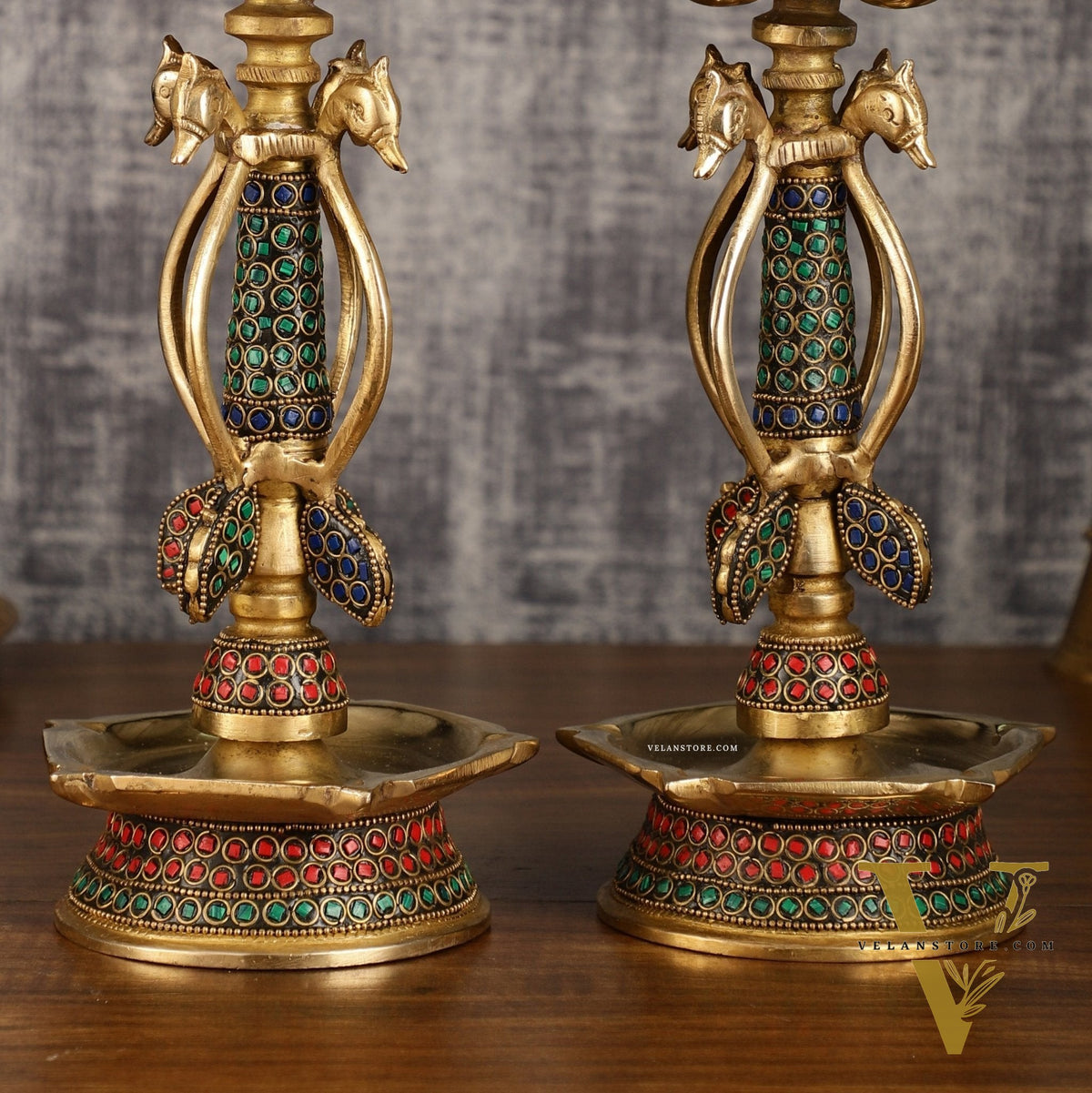 Colourful Brass Shankh Chakra Lamps - | 15 inch