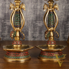 Colourful Brass Shankh Chakra Lamps - | 15 inch