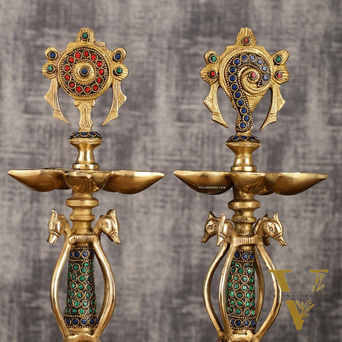 Colourful Brass Shankh Chakra Lamps - | 15 inch