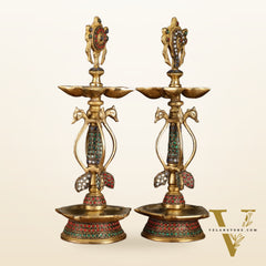 Colourful Brass Shankh Chakra Lamps - | 15 inch