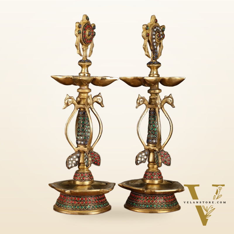Colourful Brass Shankh Chakra Lamps - | 15 inch