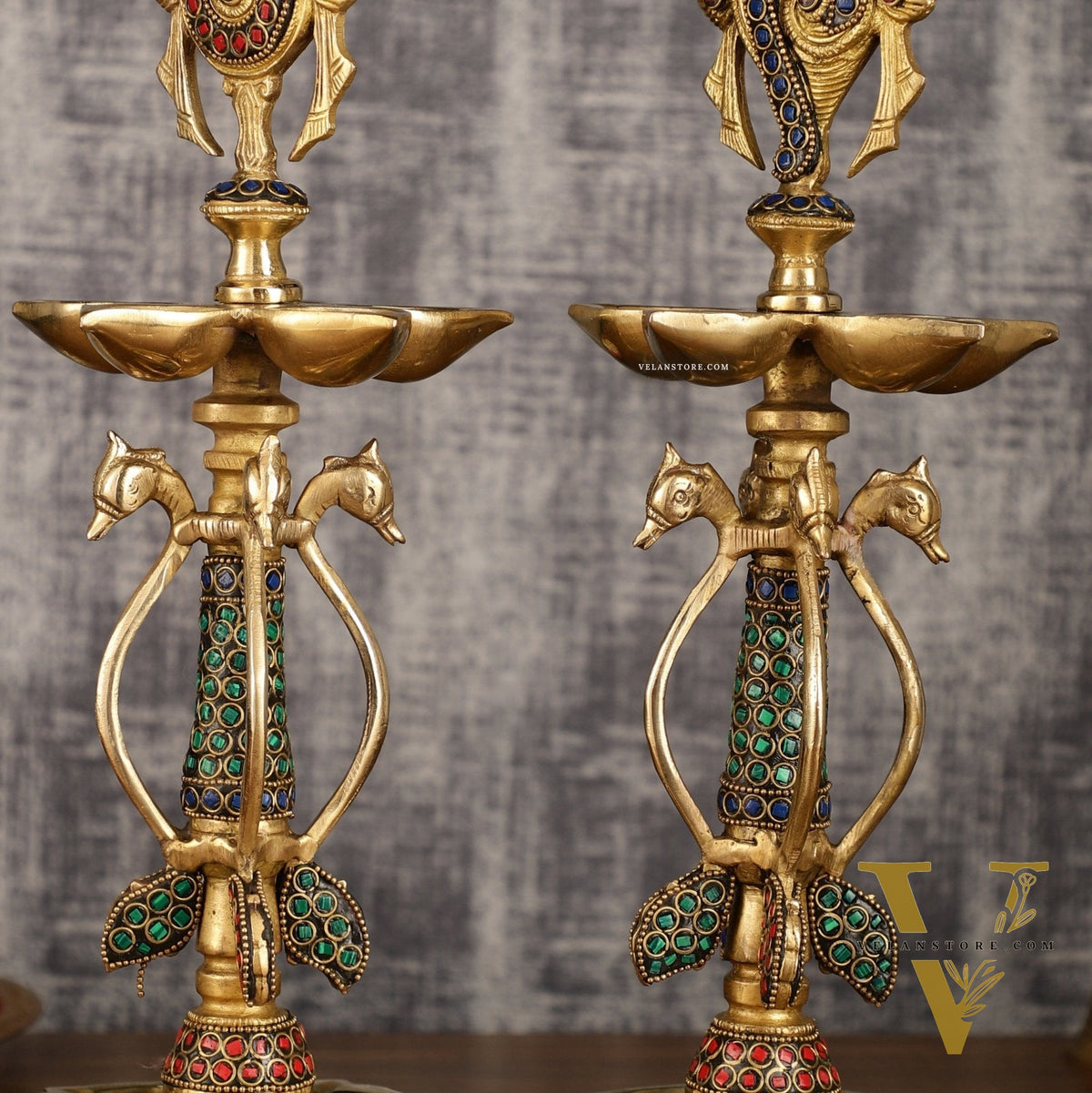 Colourful Brass Shankh Chakra Lamps - | 15 inch