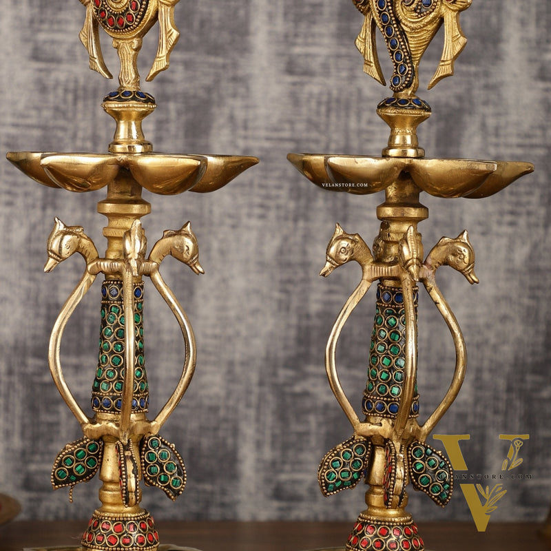 Colourful Brass Shankh Chakra Lamps - | 15 inch
