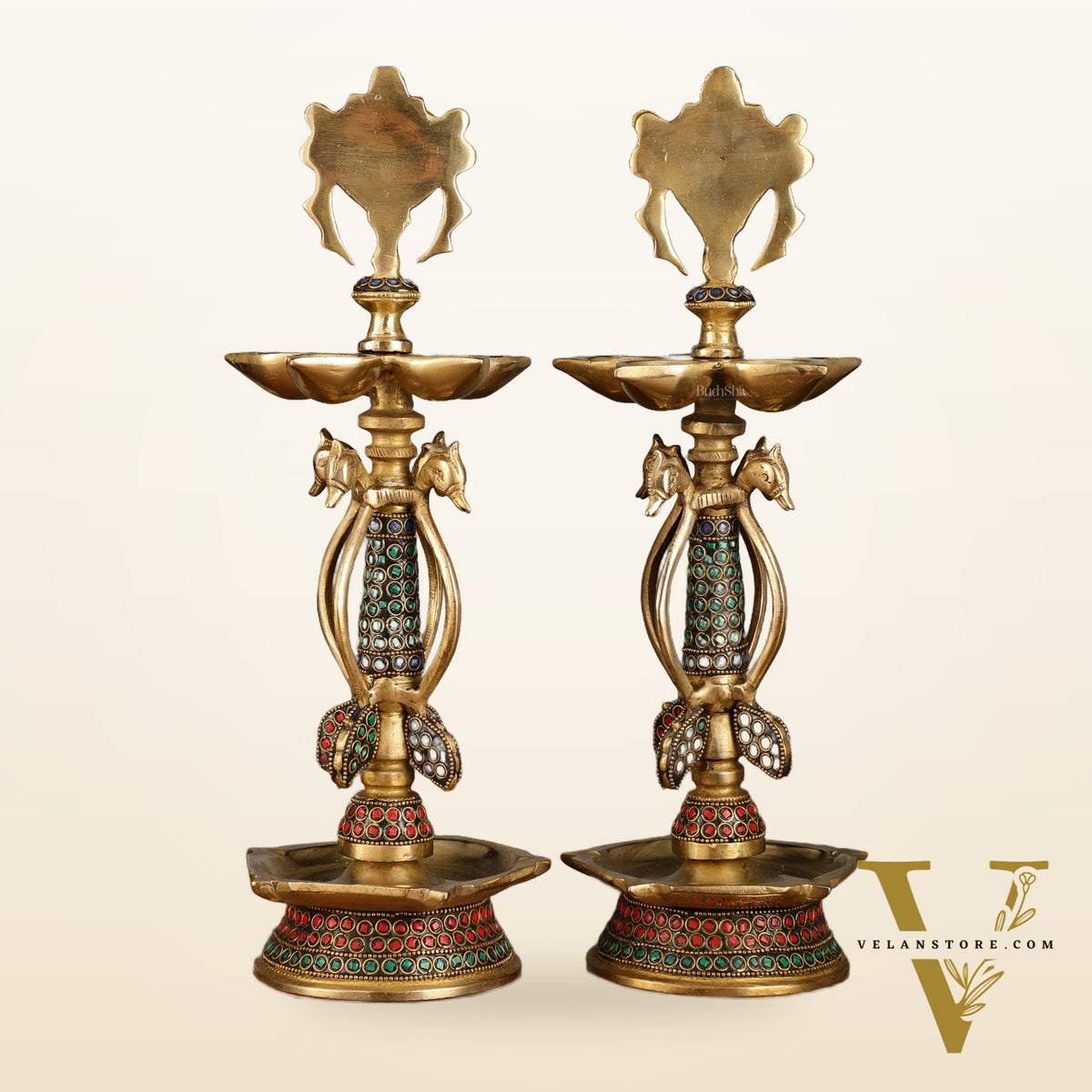 Colourful Brass Shankh Chakra Lamps - | 15 inch