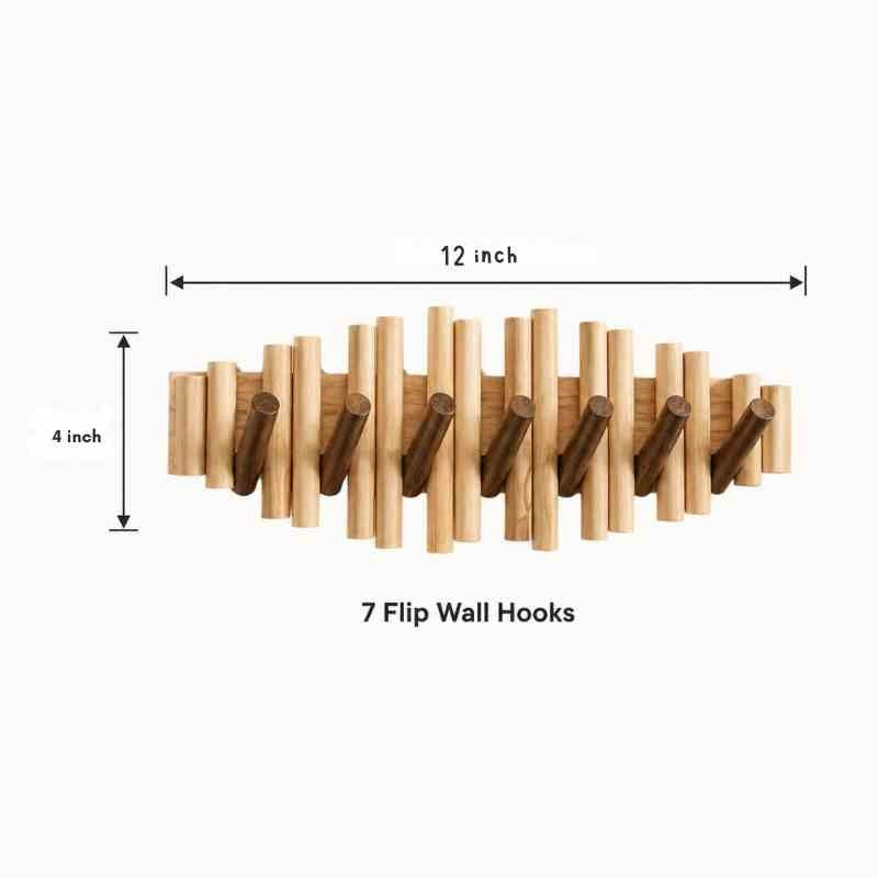 Natural Solid Wood Picket Coat Rack with 7 Flip Wall Hooks