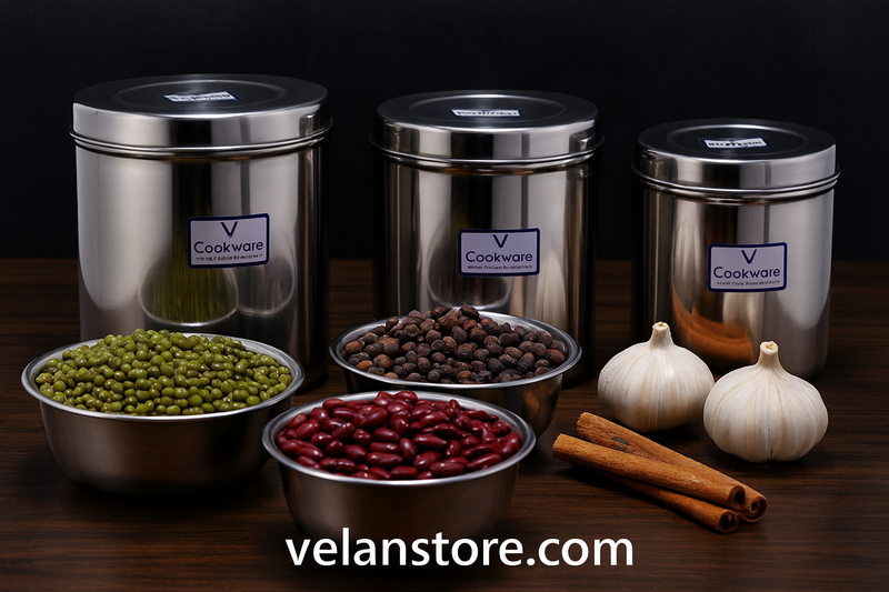 Vcookware துருப்பிடிக்காத எஃகு சேமிப்பு கொள்கலன் தொகுப்பு - காற்று புகாத, நீடித்த &amp; நேர்த்தியான சமையலறை கேனிஸ்டர்கள்-1