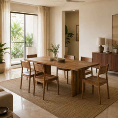 Contemporary Acacia Wood Dining Table with wooden legs | Minimalist Japandi Wooden Table for 6-Seater Dining | 60 x 36 x 30 Inches