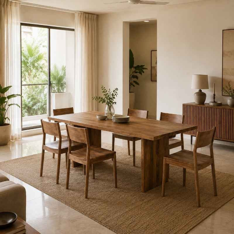 Contemporary Acacia Wood Dining Table with wooden legs | Minimalist Japandi Wooden Table for 6-Seater Dining | 60 x 36 x 30 Inches