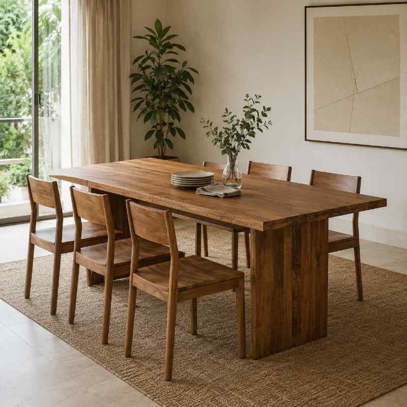 Contemporary Acacia Wood Dining Table with wooden legs | Minimalist Japandi Wooden Table for 6-Seater Dining | 60 x 36 x 30 Inches