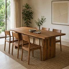 Contemporary Acacia Wood Dining Table with wooden legs | Minimalist Japandi Wooden Table for 6-Seater Dining | 60 x 36 x 30 Inches