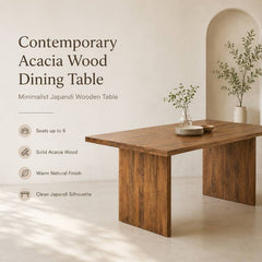 Contemporary Acacia Wood Dining Table with wooden legs | Minimalist Japandi Wooden Table for 6-Seater Dining | 60 x 36 x 30 Inches