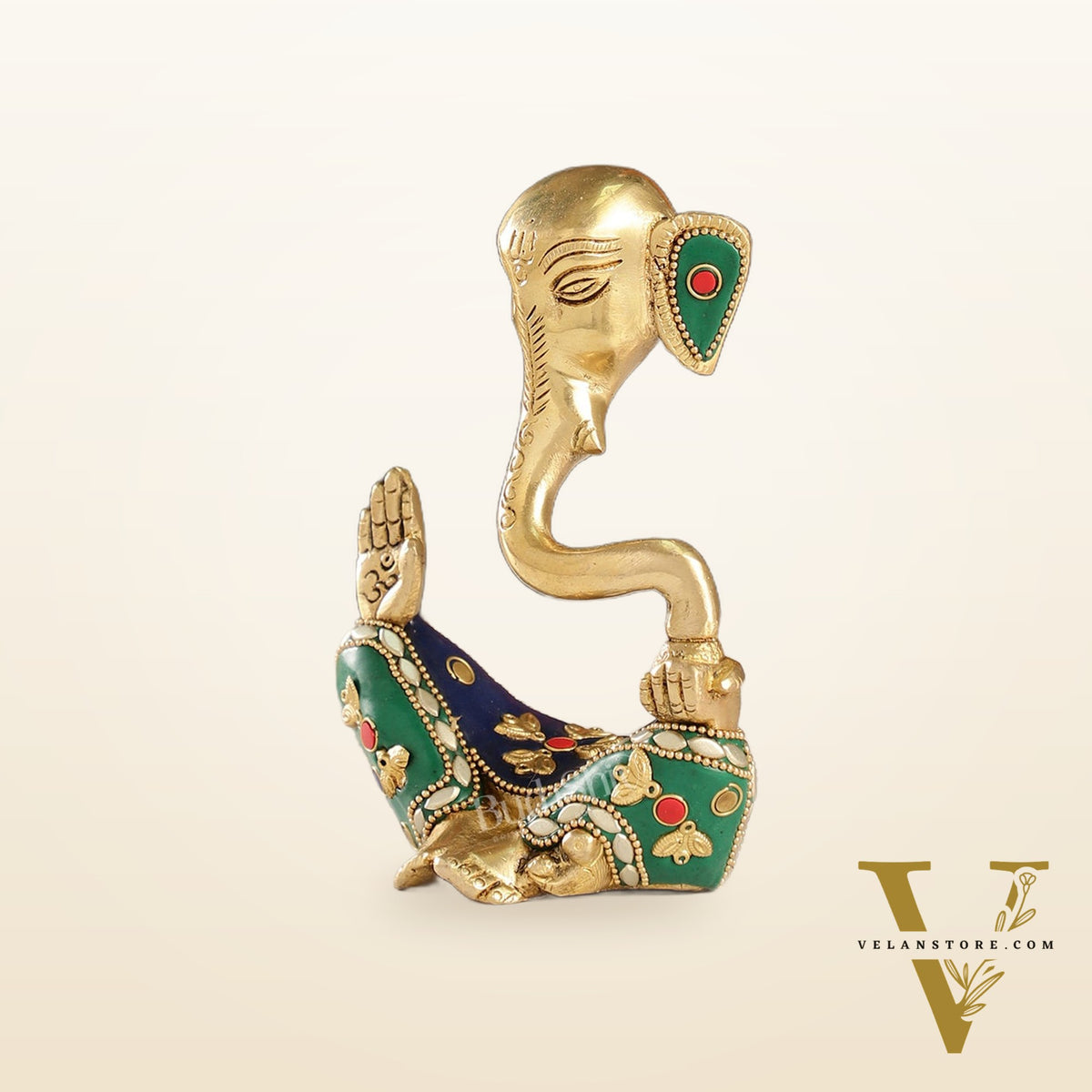 Contemporary Brass Modern Ganesha Idol | 6" Height | Meenakari Stonework