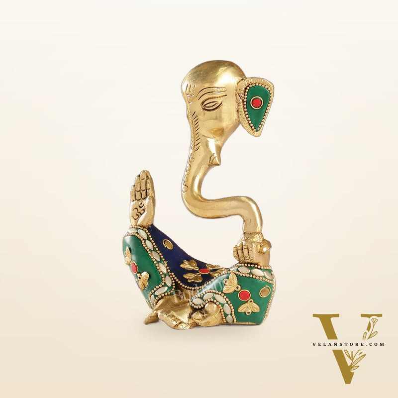 Contemporary Brass Modern Ganesha Idol | 6" Height | Meenakari Stonework