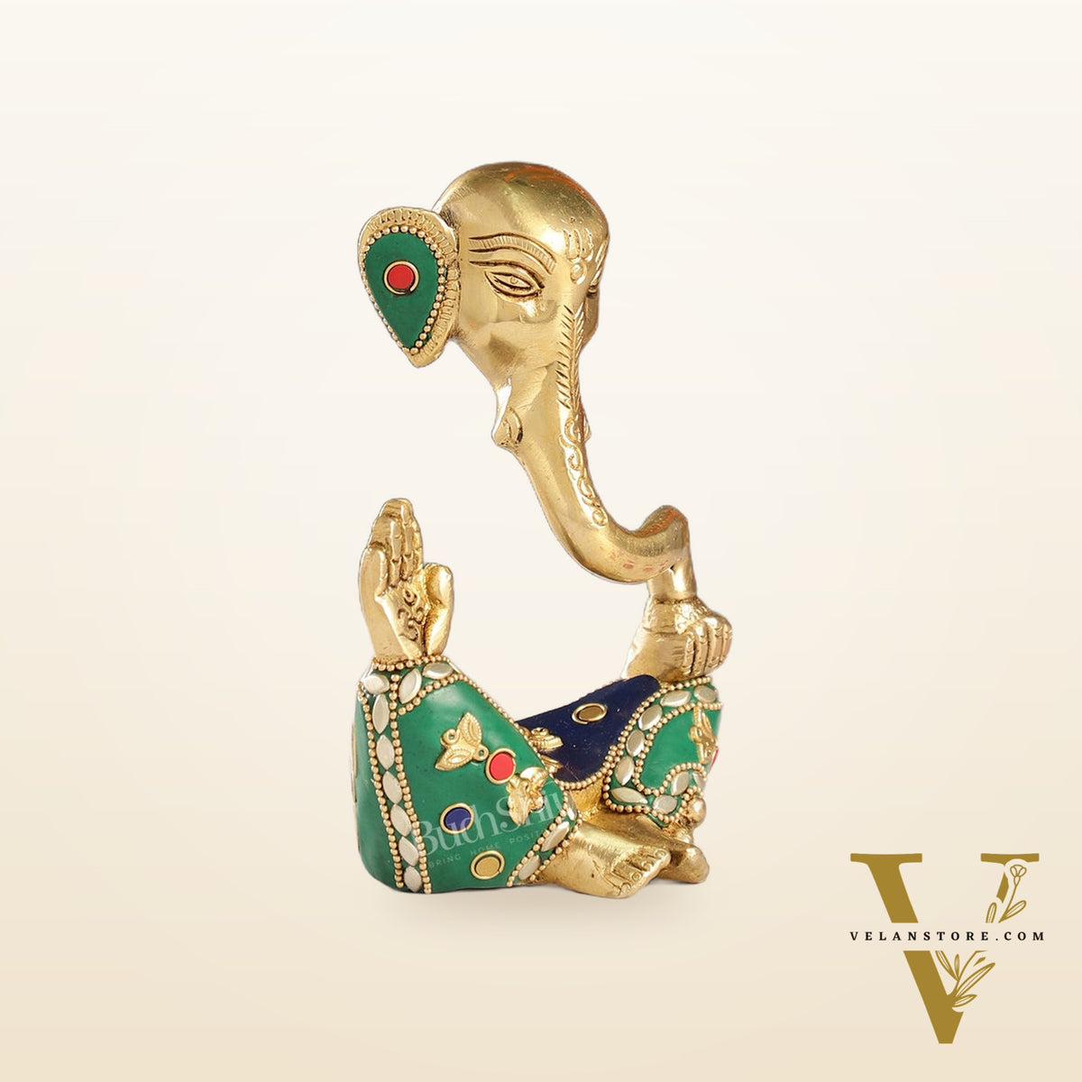 Contemporary Brass Modern Ganesha Idol | 6" Height | Meenakari Stonework