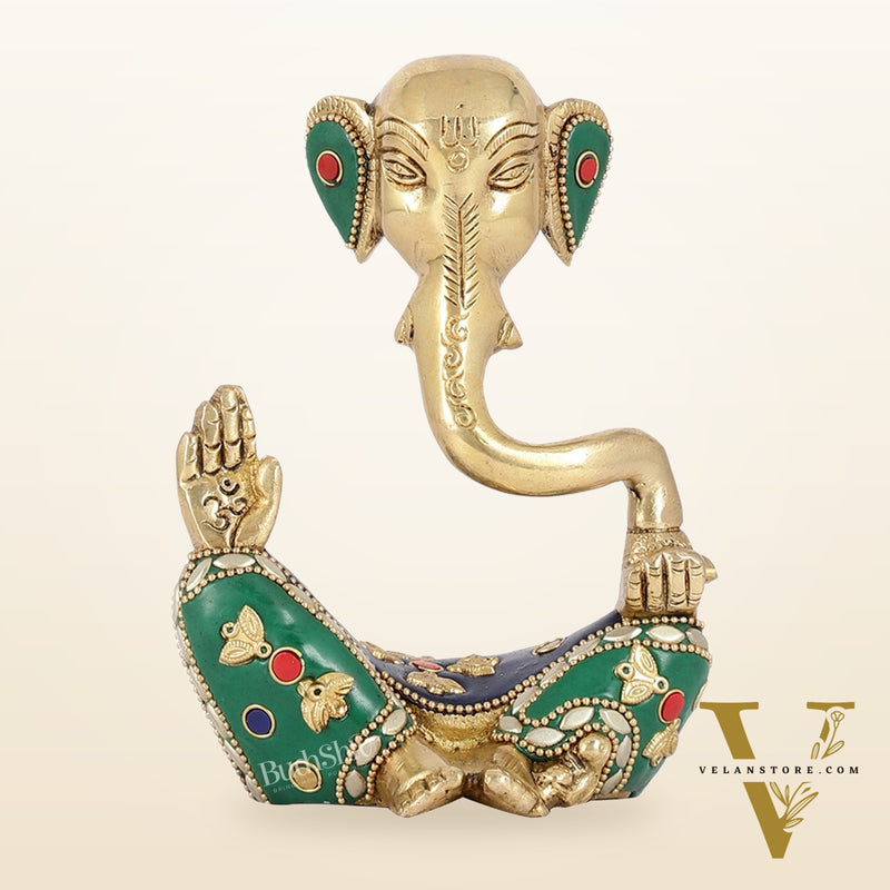 Contemporary Brass Modern Ganesha Idol | 6" Height | Meenakari Stonework