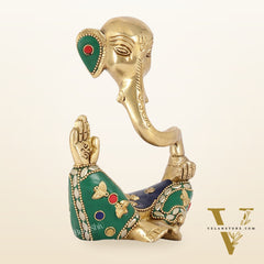 Contemporary Brass Modern Ganesha Idol | 6" Height | Meenakari Stonework