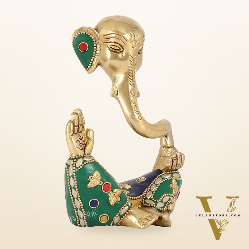 Contemporary Brass Modern Ganesha Idol | 6" Height | Meenakari Stonework