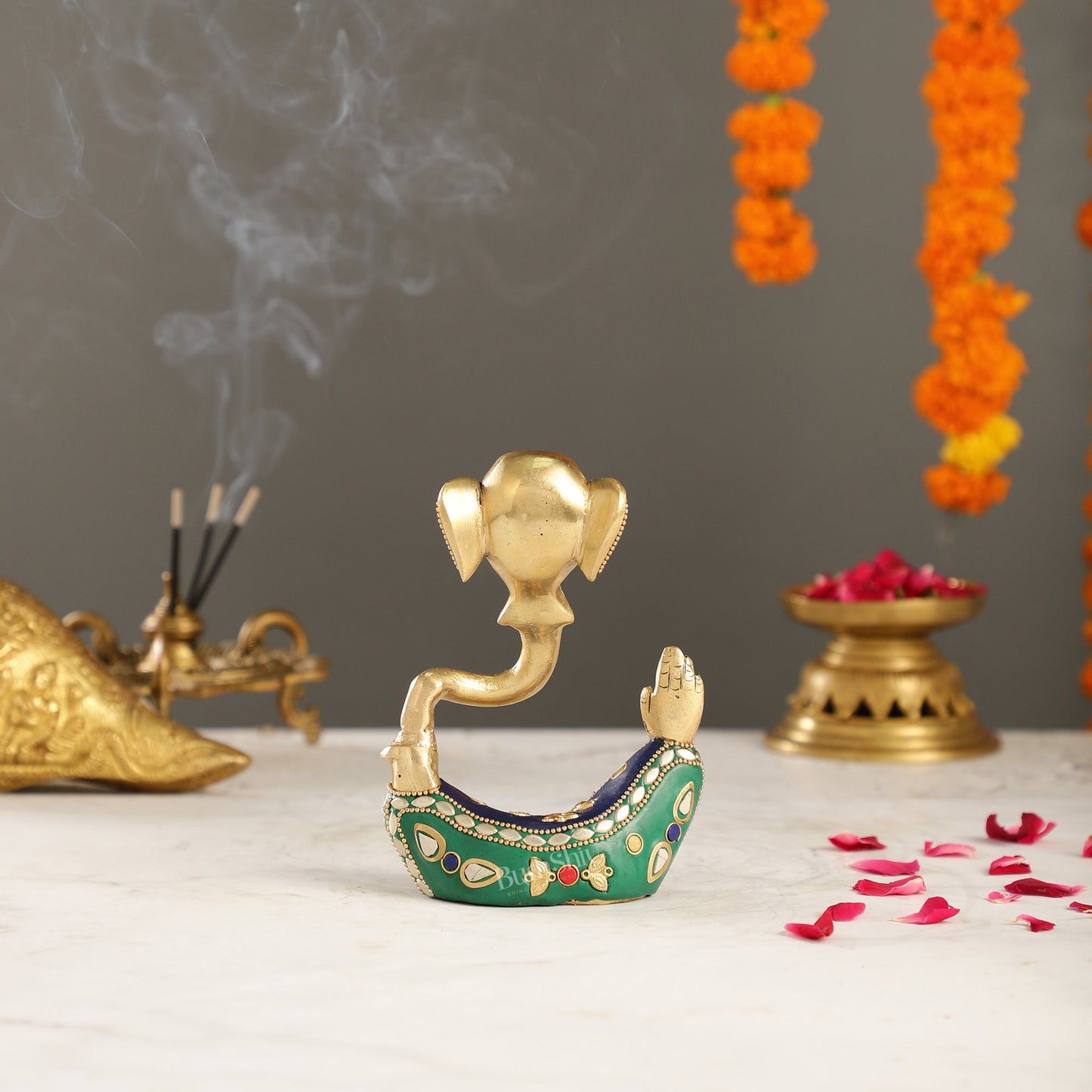 Contemporary Brass Modern Ganesha Idol | 6" Height | Meenakari Stonework