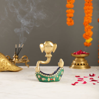 Contemporary Brass Modern Ganesha Idol | 6" Height | Meenakari Stonework