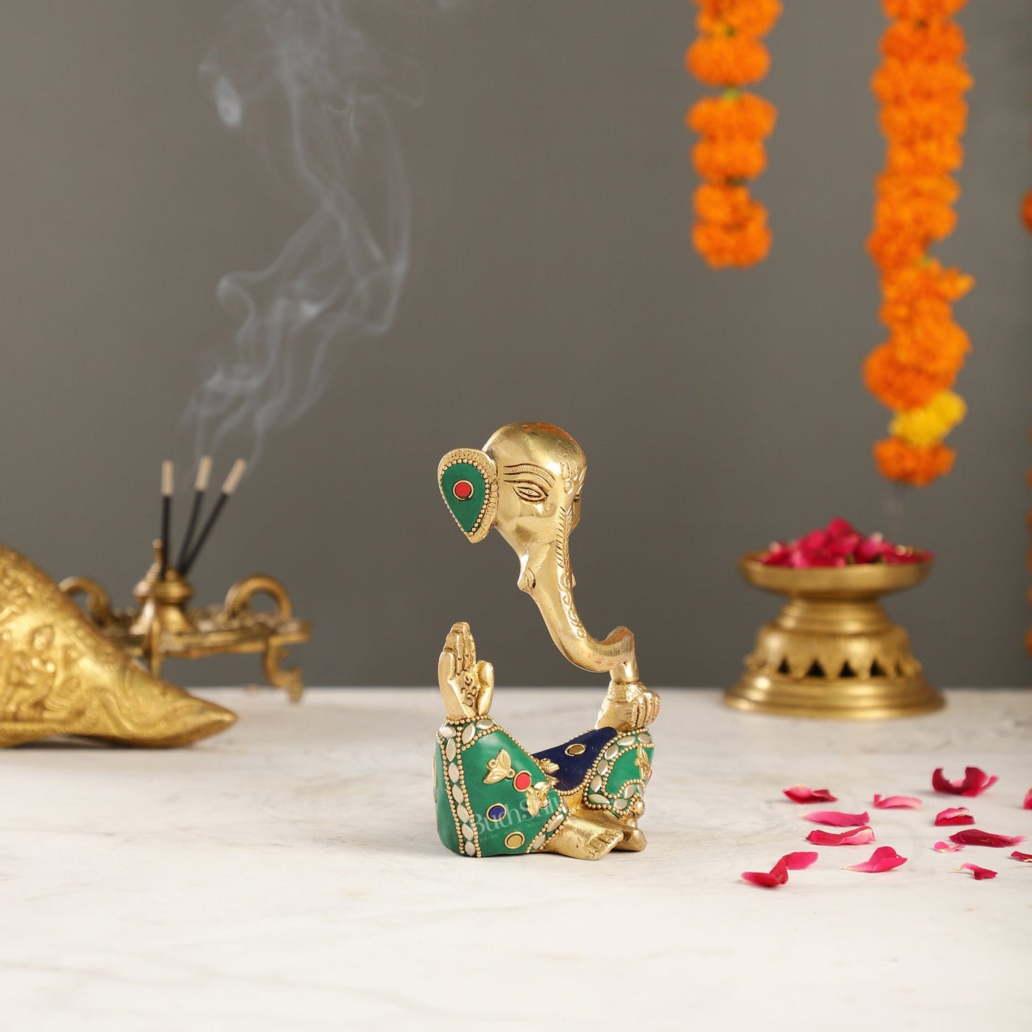 Contemporary Brass Modern Ganesha Idol | 6" Height | Meenakari Stonework