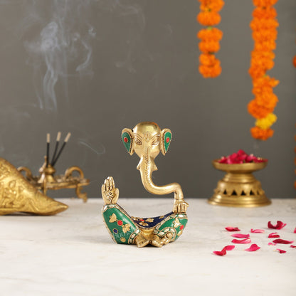 Contemporary Brass Modern Ganesha Idol | 6" Height | Meenakari Stonework