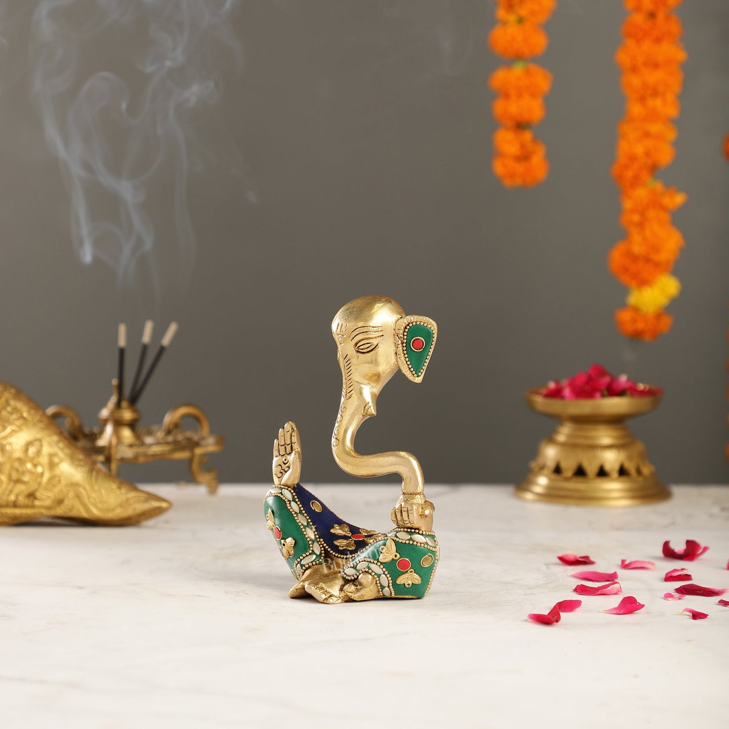 Contemporary Brass Modern Ganesha Idol | 6" Height | Meenakari Stonework