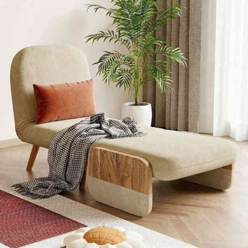 Mid-Century Beige 3-in-1 Convertible Single Seater Sofa Cum Bed with Solid Wood Arm Base