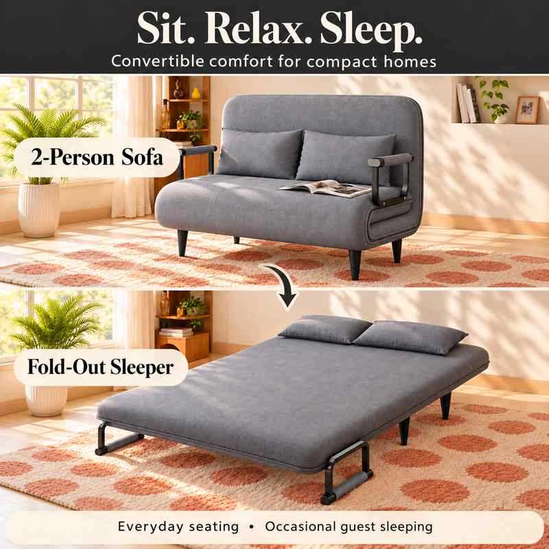 2 Seater Folding Sofa Come Bed, Convertible Sleeper Sofa for Living Room & Guest Room, Double Seat Sofa Bed, Space Saving Folding Sofa Recliner Bed