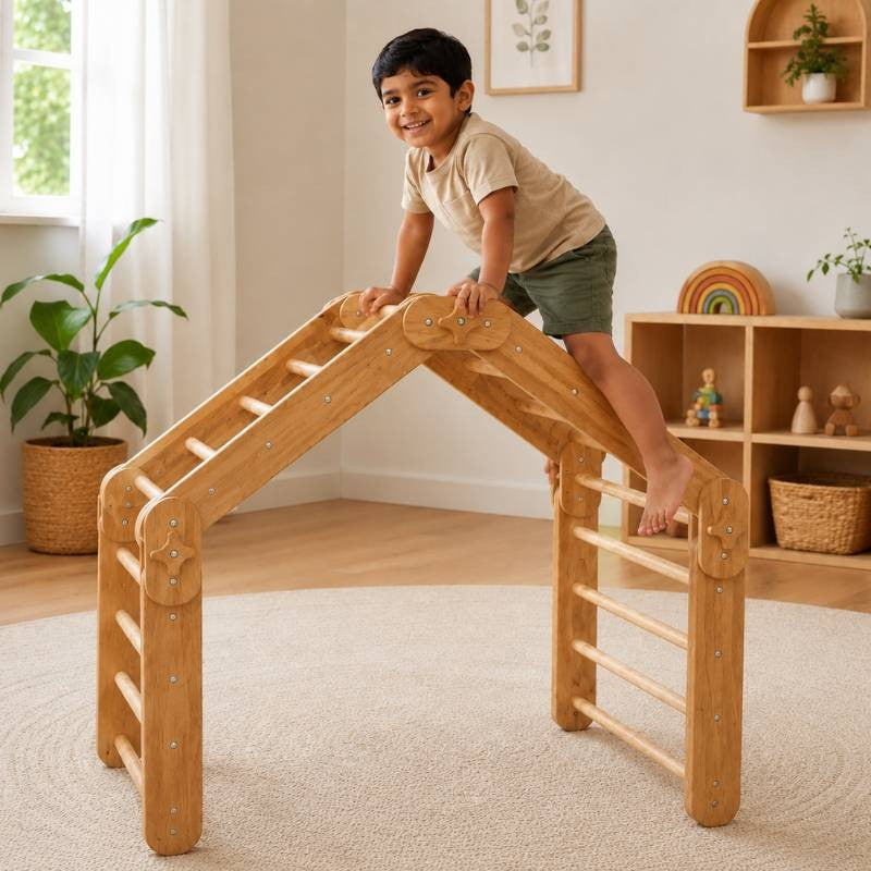 Natural Wood Multi-Shape Convertible Montessori Climbing Frame for Kids