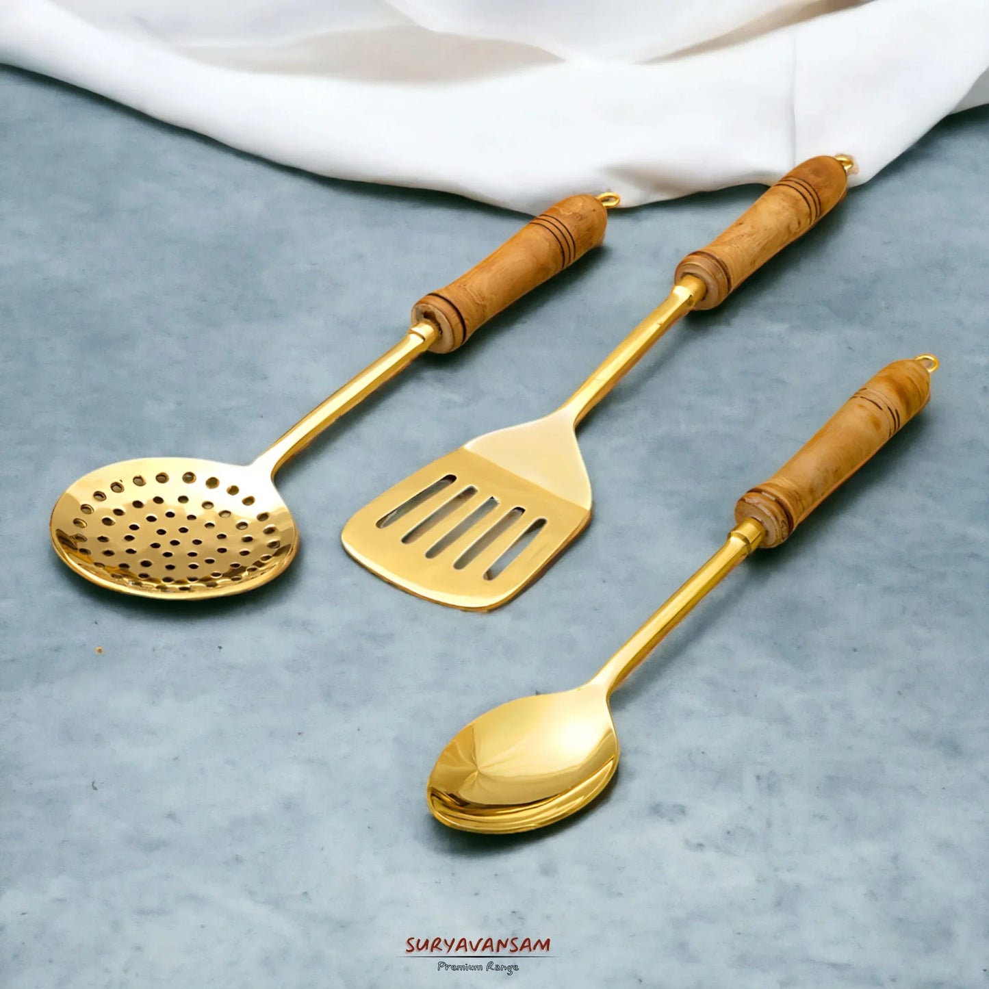 Pure Brass Ladle Set with Wooden Handles - 5 pc